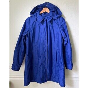 L.L. Bean Women’s Blue Hooded Mid-Length Rain Coat Zip/Button Front Size XS Wool